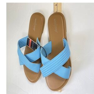 West Loop Women Sandals Size 9/10 Blue Criss Cross Cushioned Insole Slip On Shoe